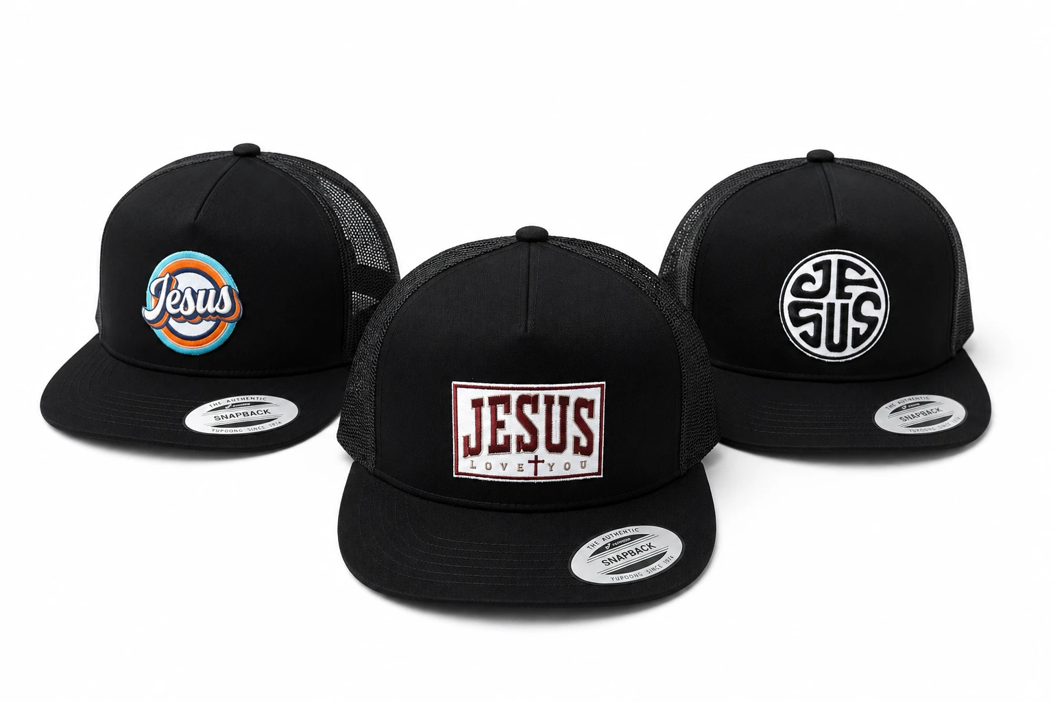 Sou Fascinado por Ti — Vista sua Fé Three black Jesus caps — Jesus Love You collection by Sou Fascinado por Ti